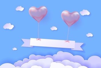 3d Realistic helium heart pink Balloon. Holiday illustration of flying glossy balloon with ribbon