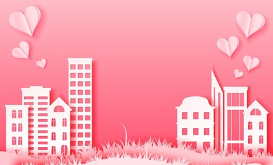 3d abstract paper cut illustration of pink paper town. Vector colorful template in carving art style. Love and City