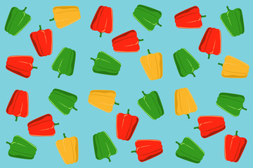 seamless pattern of sweet red green and yellow bell pepper in flat icon design on blue color background
