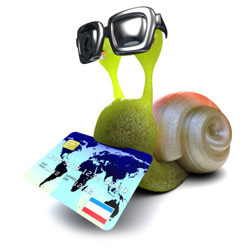 3d Funny cartoon snail character holding a credit card