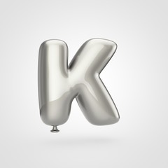 Glossy silver balloon letter K uppercase isolated on white background.