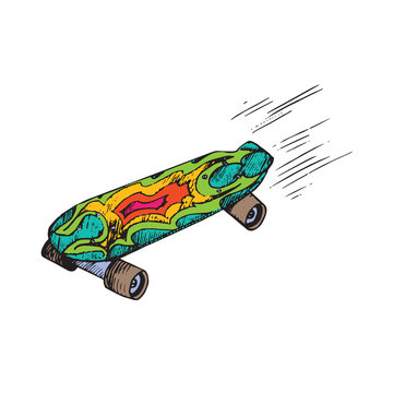 Colorful skateboard, hand drawn doodle sketch, isolated vector color illustration