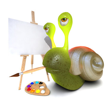 3d Funny cartoon snail character painting a picture