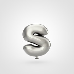Glossy silver balloon letter S lowercase isolated on white background.