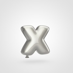 Glossy silver balloon letter X lowercase isolated on white background.