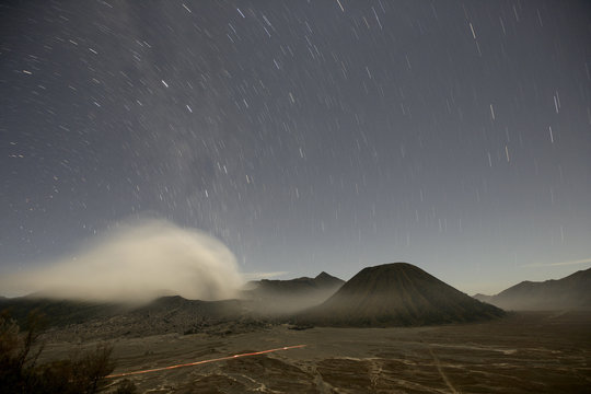 Indonesia, Java, Volcanos Bromo, Batok and Semeru at night