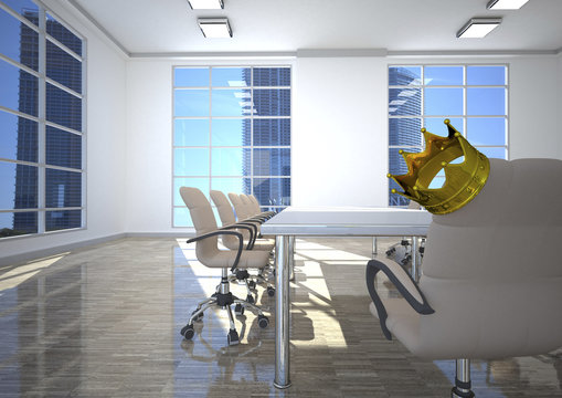 Empty conference room with king's crown on office chair