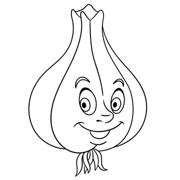 Coloring book. Coloring page. Cartoon Garlic clove character. Happy fruit symbol. Food icon. Freehand sketch drawing. Design element for kids t-shirt print, labels, patches or stickers.
