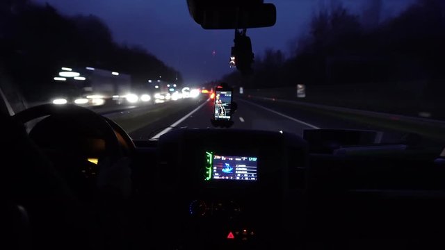 GPS navigation tracking vehicle location and route while driving on road. GPS navigation on smartphone showing route.