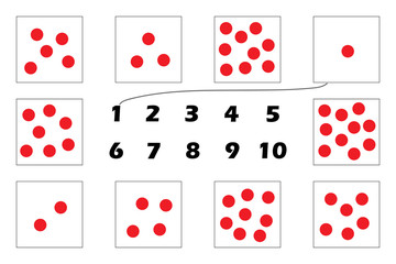 Maths game with red dots for children, Glenn Doman method, easy level, education game for kids, preschool worksheet activity, task for the development of logical thinking, vector illustration