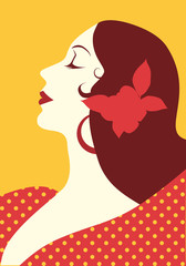 Beautiful spanish woman with flower in her hair and polka dot dress wearing big circular earrings - obrazy, fototapety, plakaty