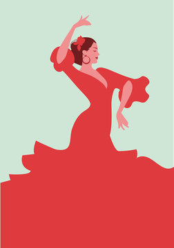 Beautiful Spanish flamenco dancer, wearing elegant red dress and flower in her hair