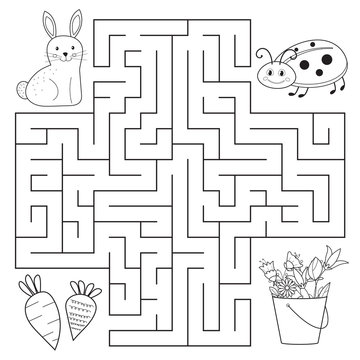 Help bunny and ladybug find way, spring education maze for preschool children. Coloring page or book. Vector illustrator