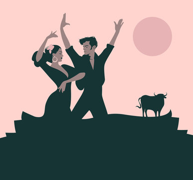 Couple of flamenco dancers dancing "sevillanas", typical Spanish dance. Bull, moon or sun in the background.