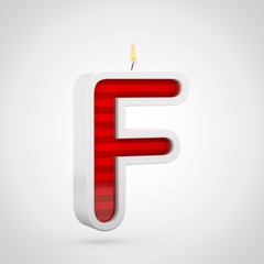 Birthday candle letter F uppercase isolated on white background.