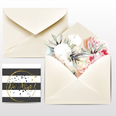 Collection of vector invitation envelopes and peony flowers, mockup design