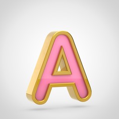 Pink letter A uppercase with golden outline isolated on white background.