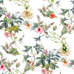 Fototapety  Watercolor painting of leaf and flowers, seamless pattern on white background