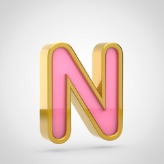 Pink letter N uppercase with golden outline isolated on white background.