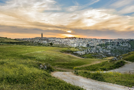 Italy, Basilicata, Matera, Old town, View to Sassi of Matera, Parco della Murgia Materana in the evening