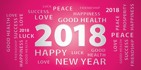 2018 Happy New Year greetings vector banner. Pink and silver.