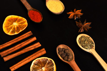 Composition of condiment, close up. Food art concept.