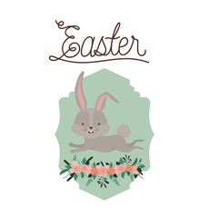easter poster with bunny in frame with ornament floral in colorful silhouette