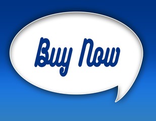 BUY NOW text on dialogue balloon illustration. Blue background.