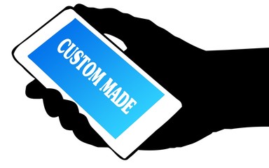 Hand silhouette holding phone with CUSTOM MADE text.