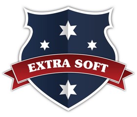Blue shield and red ribbon with EXTRA SOFT text.