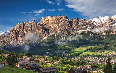 View of Cortina D'Ampezzo with Pomagagnon mount in the background, Dolomites, Italy, South Tyrol.