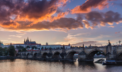 Famous iconic image of Charles bridge, Prague, Czech Republic. Concept of world travel, sightseeing and tourism.