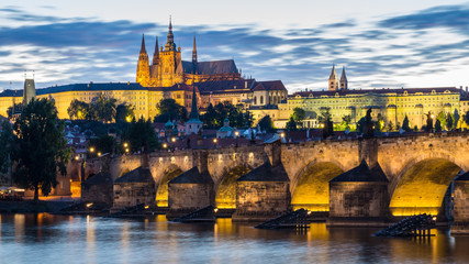 View of Prague Castle and Charles Bridge at sunset. Czechia