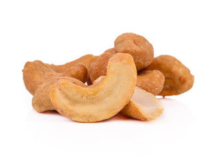 Roasted cashew nuts on white background