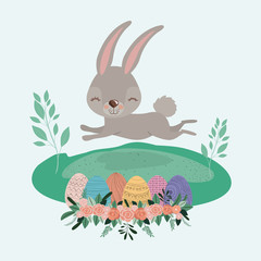 easter landscape scene with rabbit and easter eggs in colorful silhouette