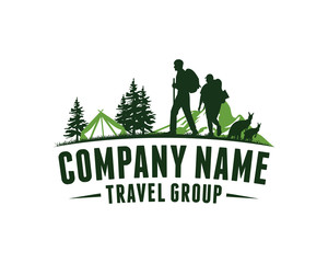 Climber Camping Tent with Mountain, Pine Tree and Kangaroo Animal - Illustration Travel Group Company Logo Vector
