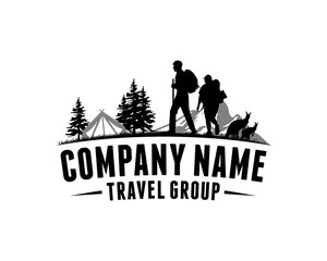 Climber Camping Tent with Mountain, Pine Tree and Kangaroo Animal - Illustration Travel Group Company Logo Vector
