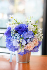 Beautiful pink blue roses bouquet mock up in vase