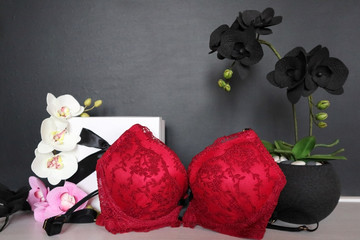 Gift box with a sexy lingerie. Flowers and present for the women. Festive underwear gift with black orchid for a lady