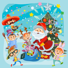 Obraz na płótnie Canvas Santa Claus gives presents to cheerful kids in fancy dresses, vector cartoon illustration. Children Christmas carnival party. Group of boys and girls in masquerade costumes dance around New Year tree