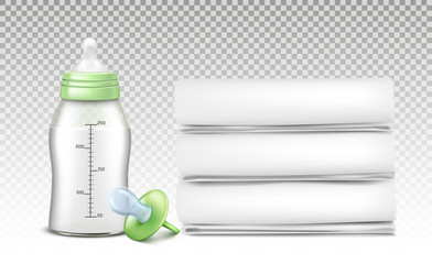 Vector set of baby care accessories, stack of white cotton towels, pacifier, bottle with silicone nipple for feeding newborns. 3d realistic objects isolated on transparent background