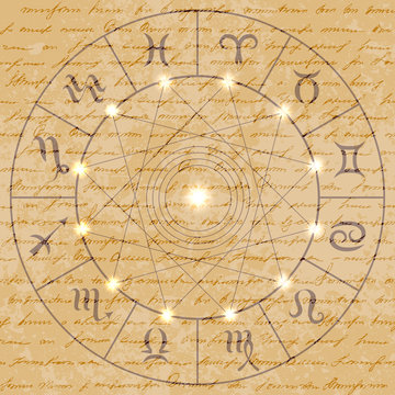 Magic circle with zodiacs sign on retro grunge background.