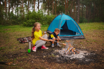 happy children hiking in the forest