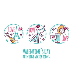 Valentines day icons. Stamp, Sticker, Label. Romantic design elements. Vector outline style illustration