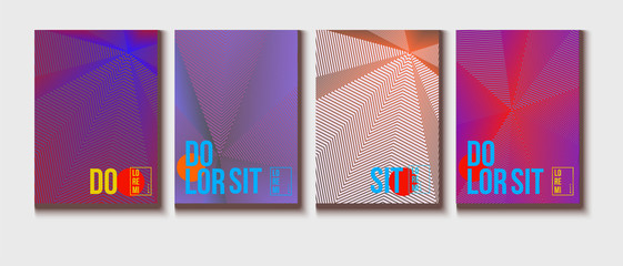 Neon Halftone Covers Set. Trendy Blend Lines Corporate Identity. Futuristic Posters, Geometric Business Backgrounds. Halftone Minimal Presentation Covers. Neon Colored Iridescent Print Design.