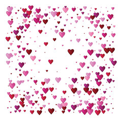 Valentines Day Vector Confetti Border. Falling Down Petals, Showering Pink, Red Hearts. Wide Valentines Day Background, Celebration Hearts Garland Rose Romantic Wedding Frame, Border, Banner Design