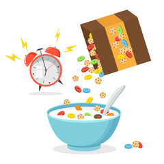 Cereal bowl with milk, smoothie isolated on white background. Concept of healthy and wholesome breakfast. Vector illustration