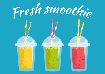  Cartoon vector illustration. Smoothies in a transparent plastic glass. The concept of breakfast, good morning, healthy food.
