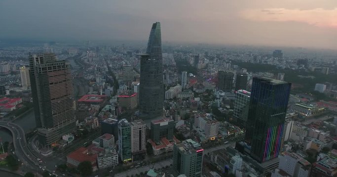 HO CHI MINH CITY, VIETNAM – MAY, 2016 : Aerial shot of central Ho Chi Minh cityscape on a sunny day with skyscrapers in view
