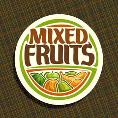 Vector logo for Fruits, sign with set of watermelon, green apple, sour lime, tropical banana fruit, sweet melon, fresh pear and ripe orange, veg mix label with title text mixed fruits for vegan store.